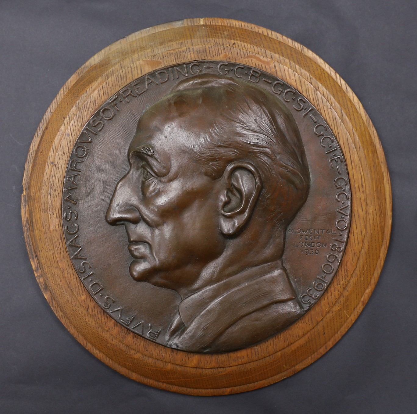 A large bronze relief medal plaque of Rufus Daniel Isaacs, 1st Marquess of Reading, 1936, by Arthur Immanuel Lowenthal.